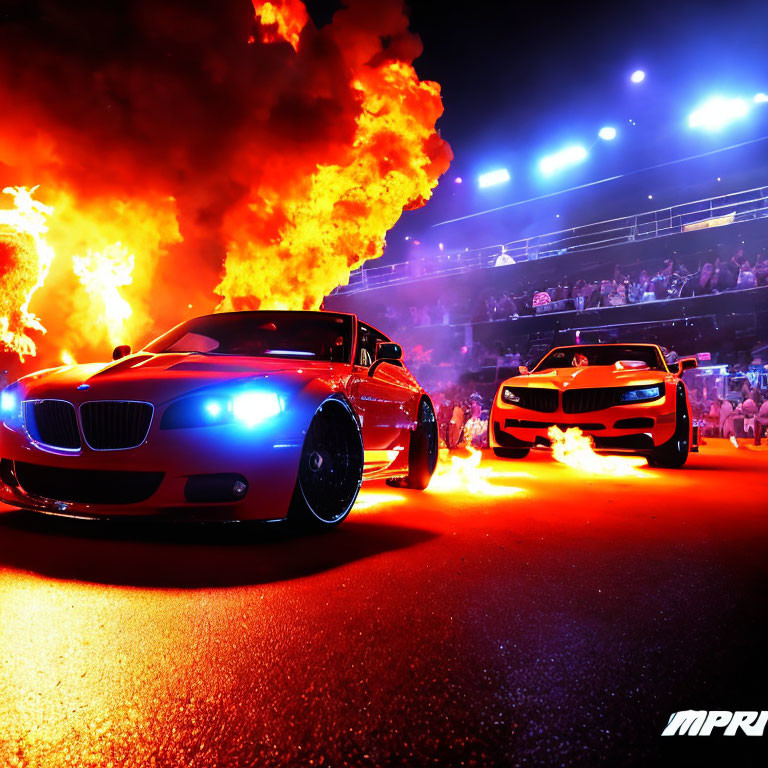 Night event featuring two BMW cars with neon underglow lights, crowd, and fiery pyrotechn