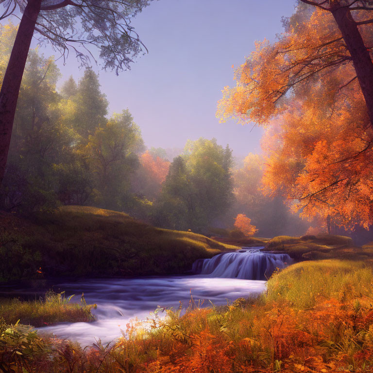 Tranquil Autumn Forest Waterfall with Golden and Green Leaves