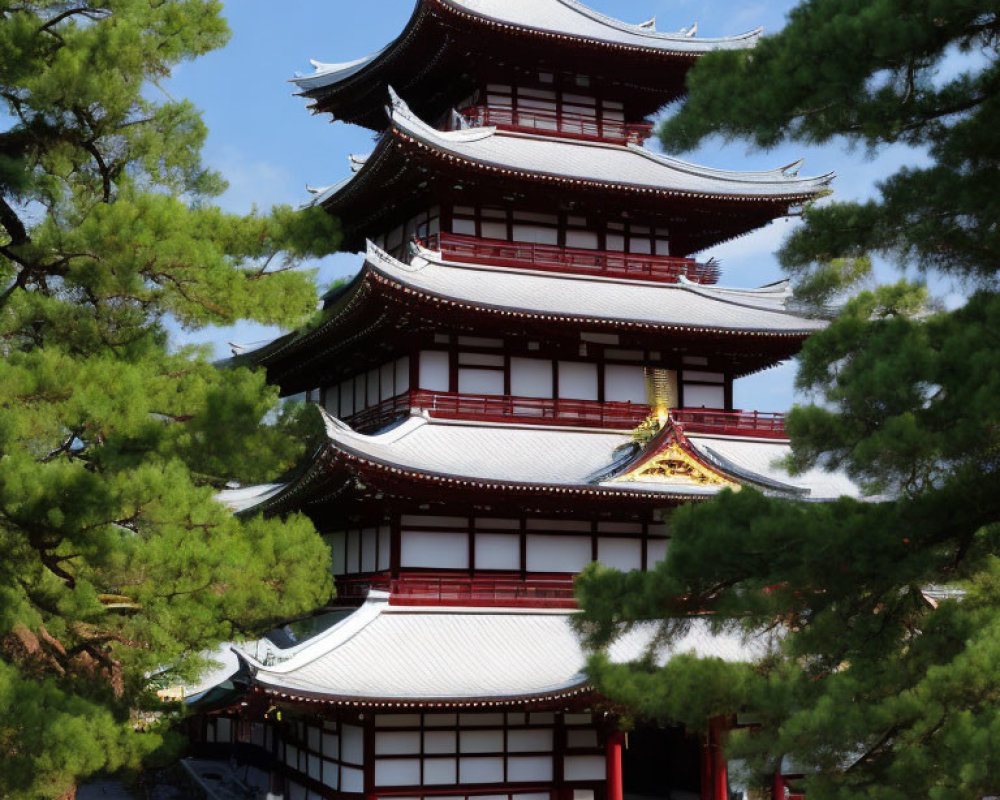 Traditional five-storied pagoda with red and white accents and green pine branches on blue sky background