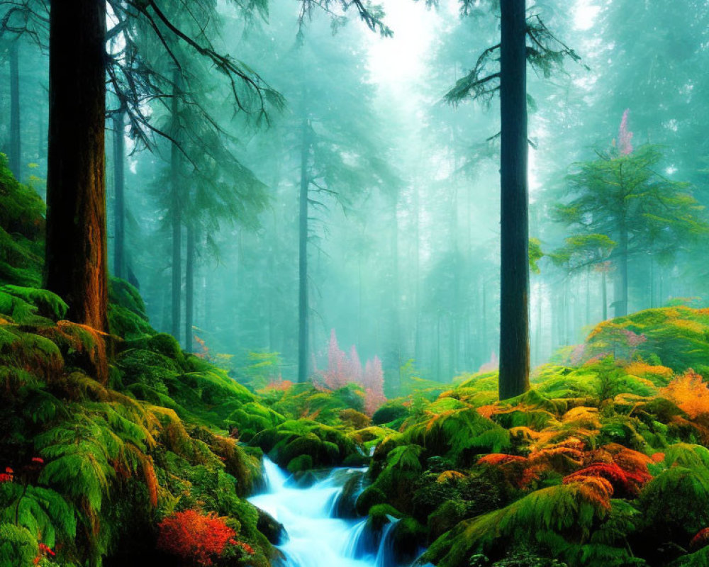 Lush Forest Scene with Blue Stream and Misty Trees