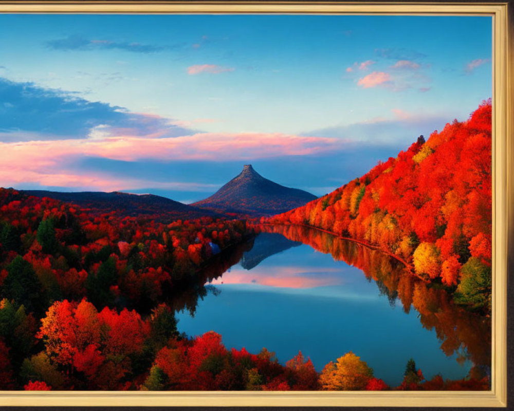 Framed landscape painting: Autumn foliage, river, sunset sky, mountain