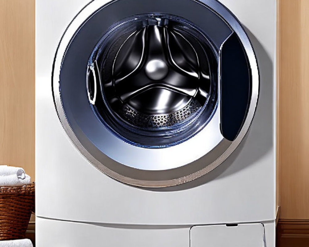 Large circular door front-loading washing machine in wooden-finished room with white towel.