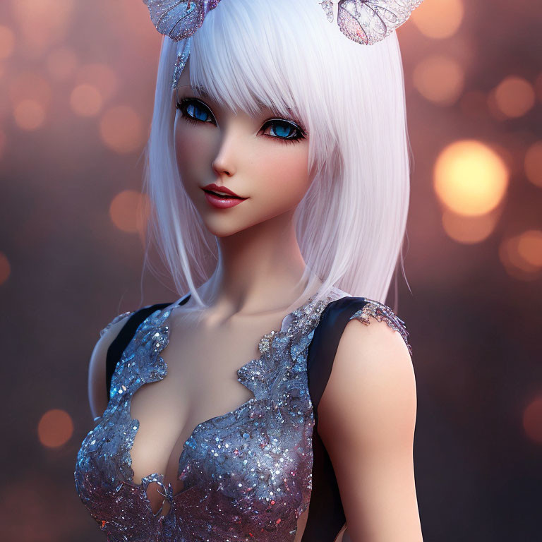 3D illustration of female character with blue eyes, white hair, butterfly ornaments, silver dress