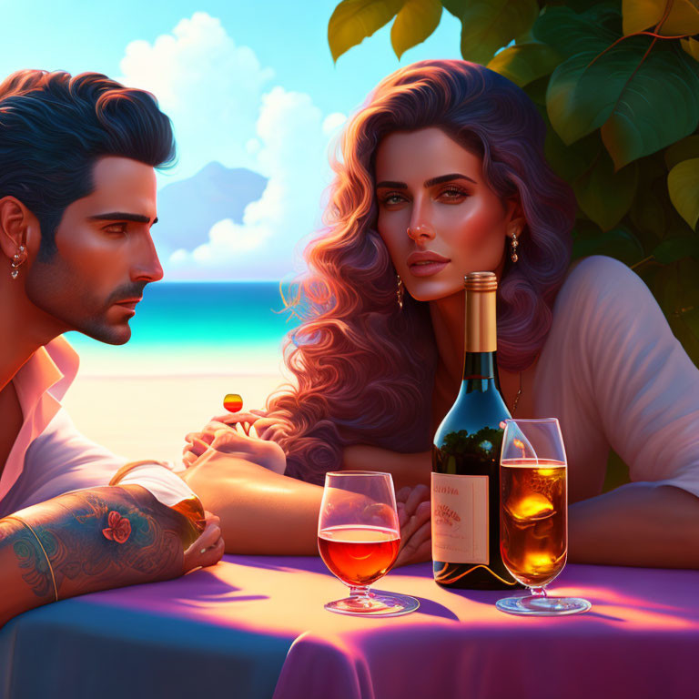 Stylized romantic date with wine on serene beach at sunset