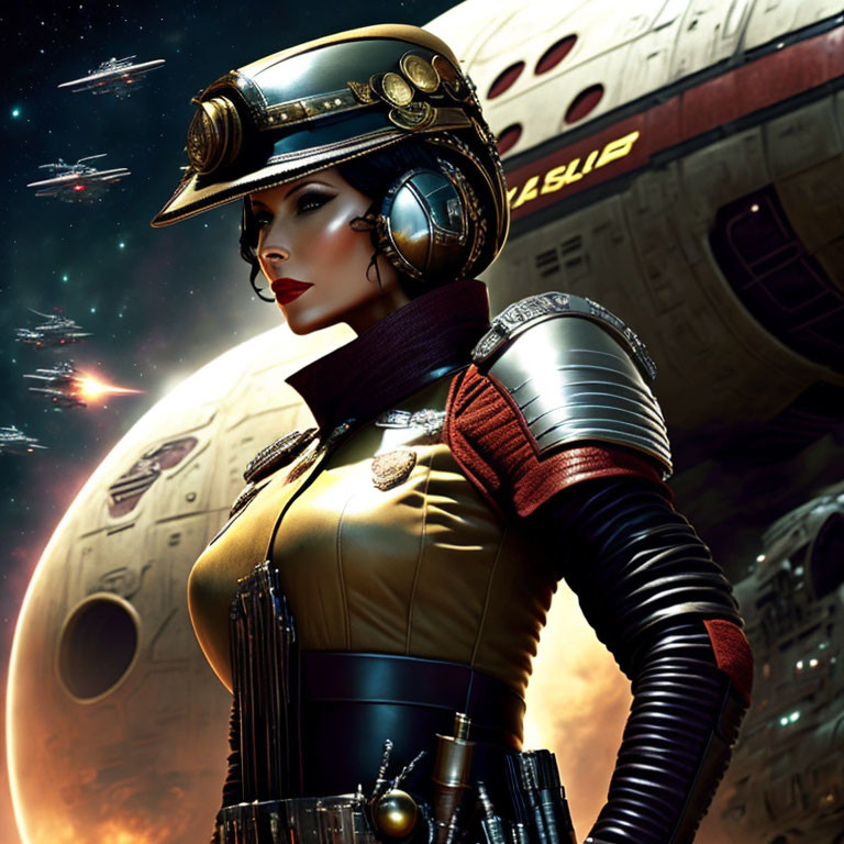 Futuristic female officer in stylized uniform with spaceship and stars.