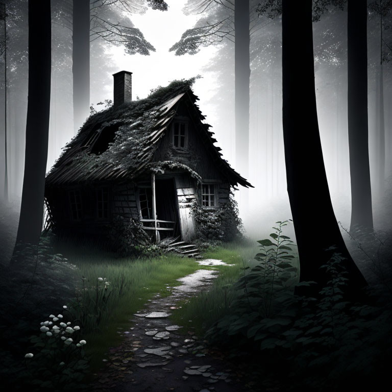 Abandoned cottage in misty forest with overgrown surroundings