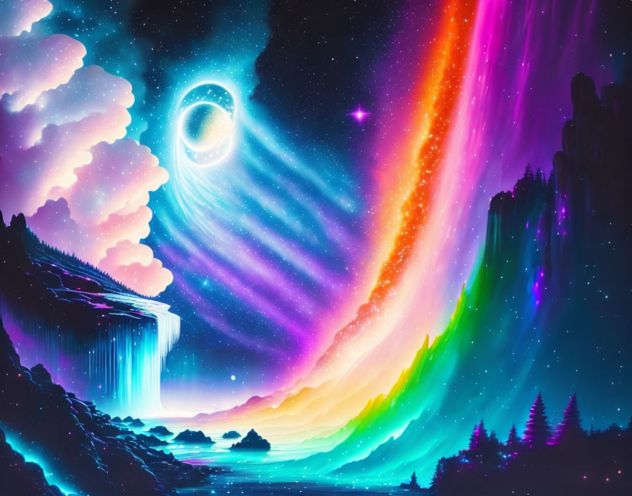 Surreal landscape with waterfall, neon lights, moon halo