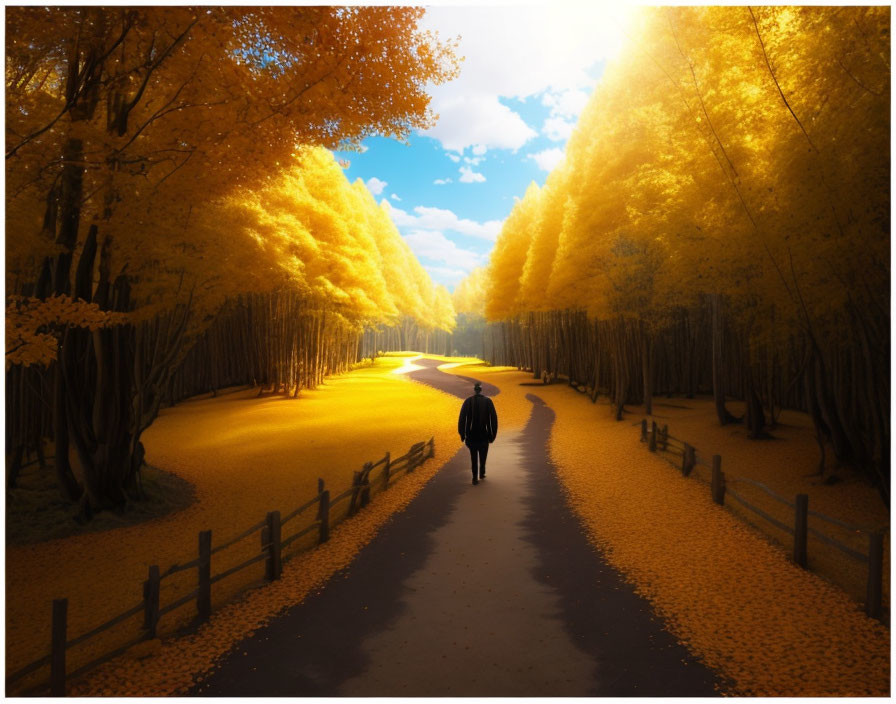 Golden-leaved trees line serene path in soft glowing light