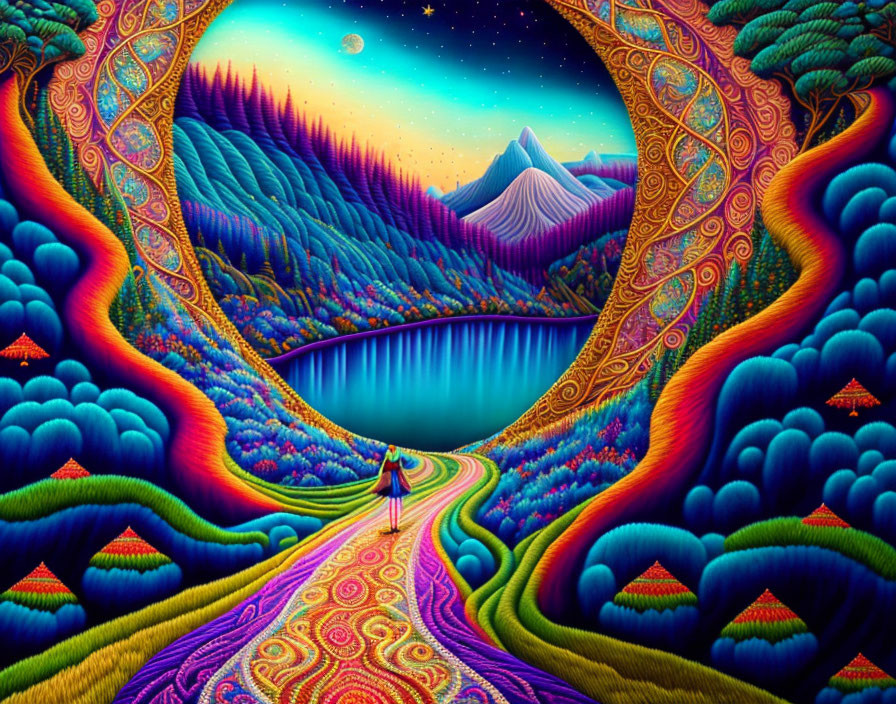 Colorful Psychedelic Landscape with Path to Lake and Whimsical Trees