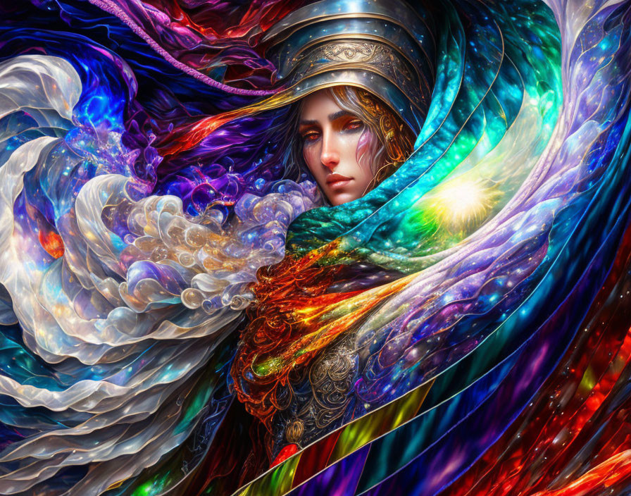 Colorful digital artwork featuring person in ornate armor amid cosmic energy.