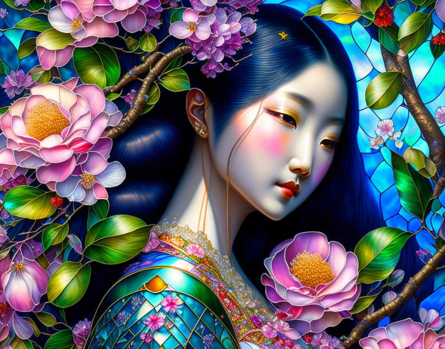 Pale-skinned woman with black hair in detailed, blue-toned floral illustration