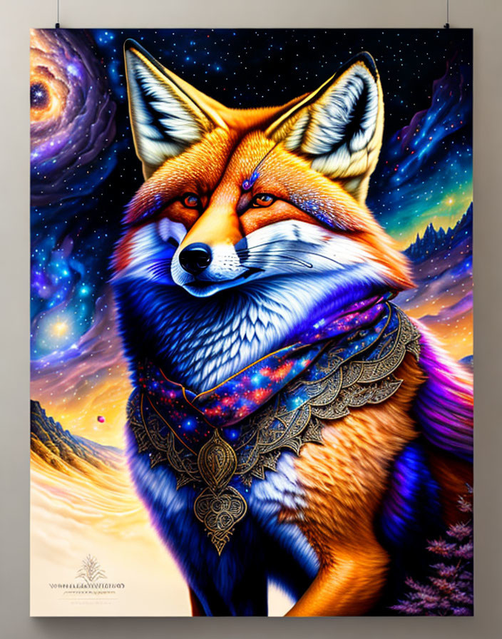 Majestic fox with cosmic background and patterned scarf