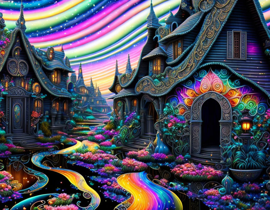 Colorful Fantasy Landscape with Whimsical Houses and Golden River