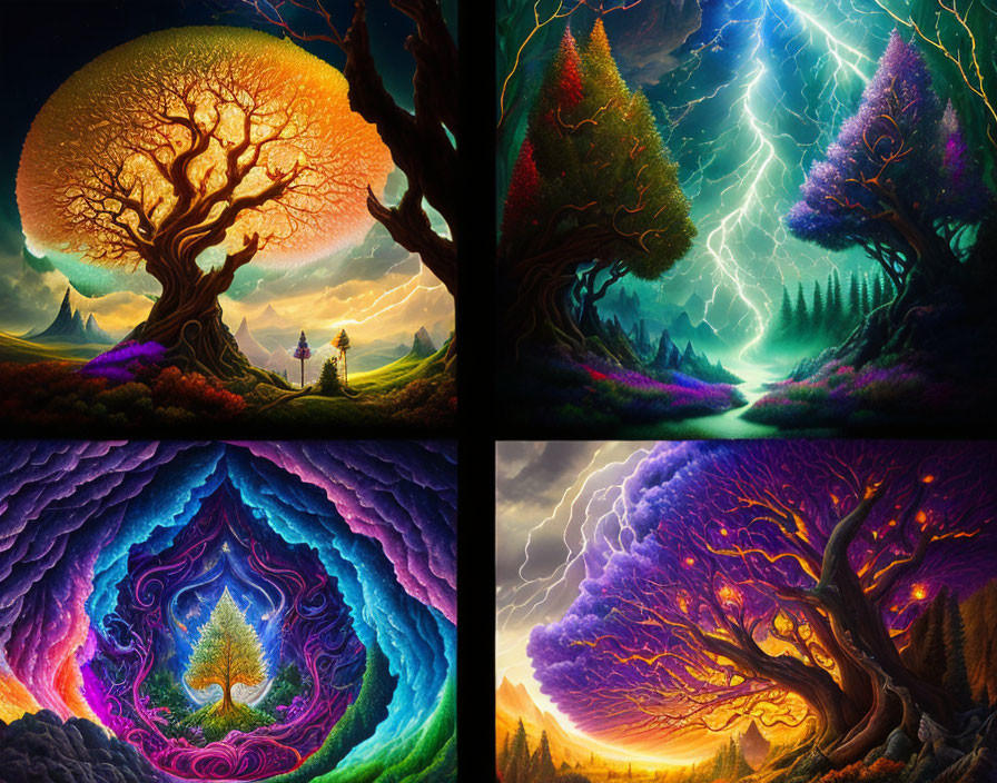 Vibrant tree scenes: sunset, stormy night, mystical colors, fiery sky