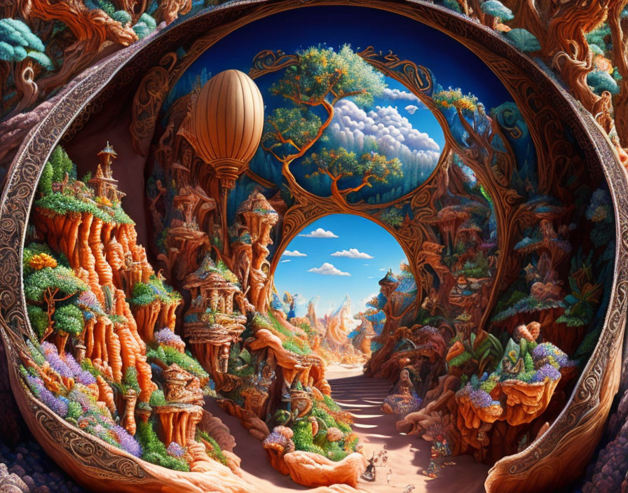 Fantasy landscape with rocky formations, trees, and hot air balloon under blue sky