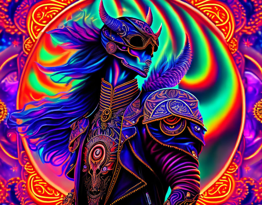 Vibrant digital artwork of ornate armored figure with winged helmet in psychedelic background