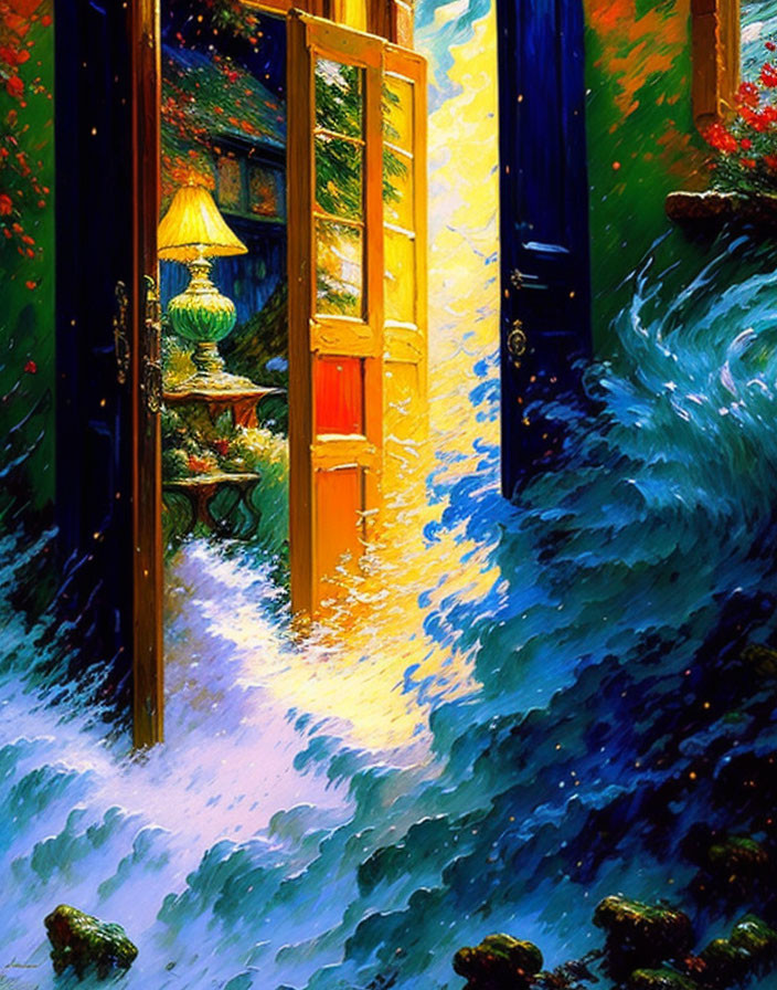 Surreal painting: Wave flowing into cozy room