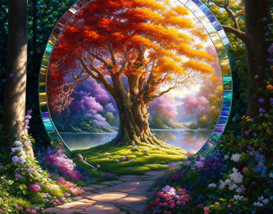 Colorful fantasy landscape with pathway, vibrant tree, and luminous portal