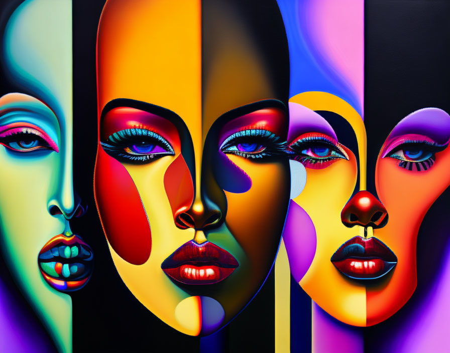 Vibrant surreal artwork featuring four stylized faces with elongated features on segmented backdrop