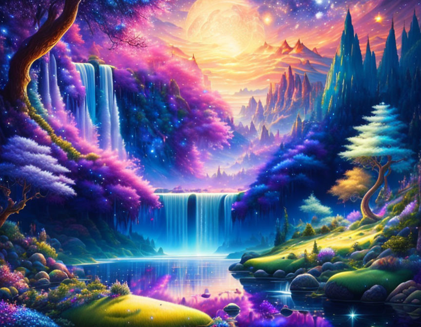 Colorful Fantasy Landscape with Waterfall, Serene Lake, and Celestial Body