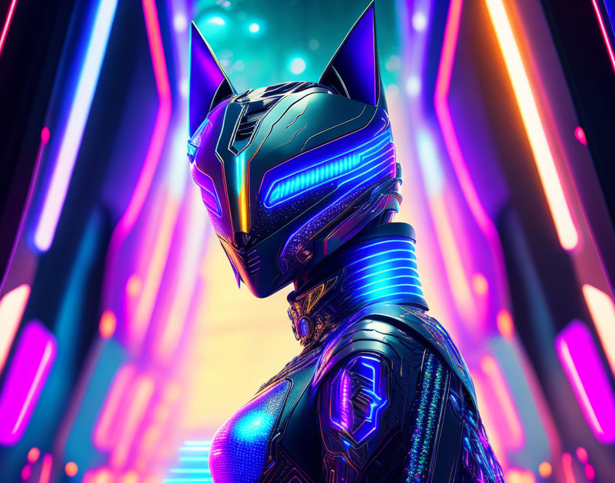 Futuristic cat-headed robot in neon glow on vibrant pink and blue backdrop