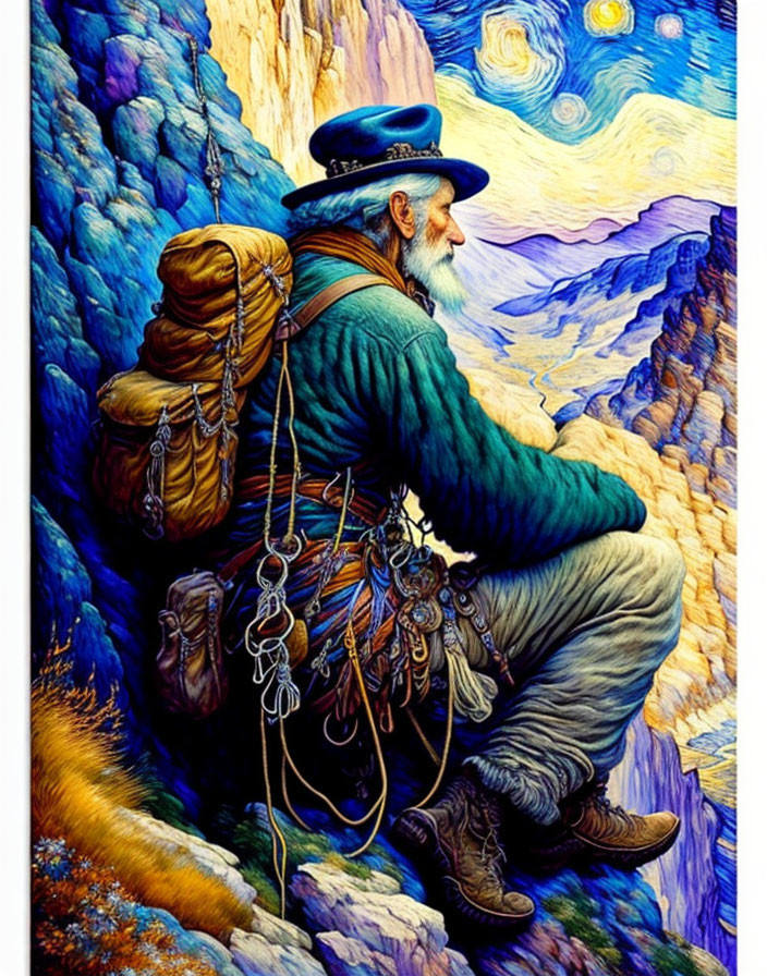 Elderly bearded man in hat and backpack in Van Gogh-inspired landscape