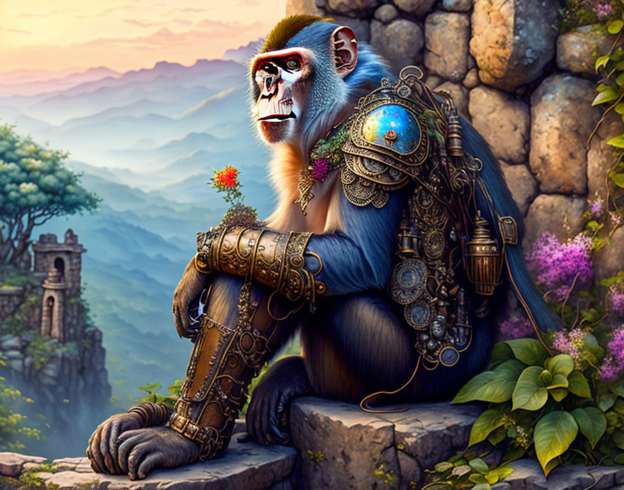 Mechanical armor-clad monkey in lush jungle setting with mountain backdrop