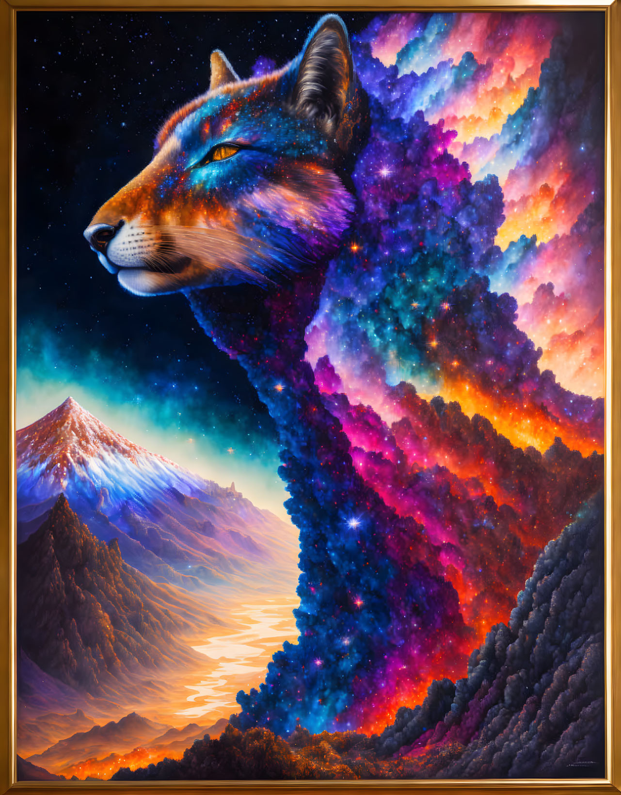 Starry cosmic fox in vibrant sunset landscape painting