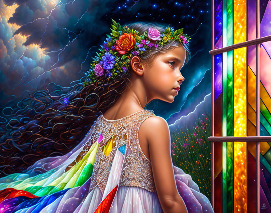 Young girl with floral crown under vibrant rainbow and storm clouds.