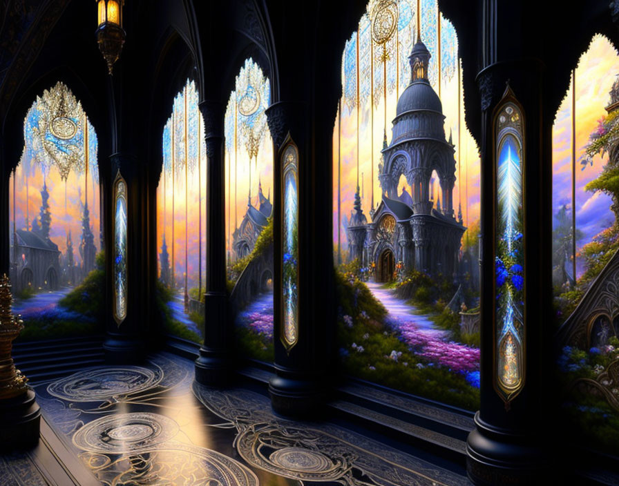 Elaborately Designed Windows Illuminate Grand Hall and Magical Castle