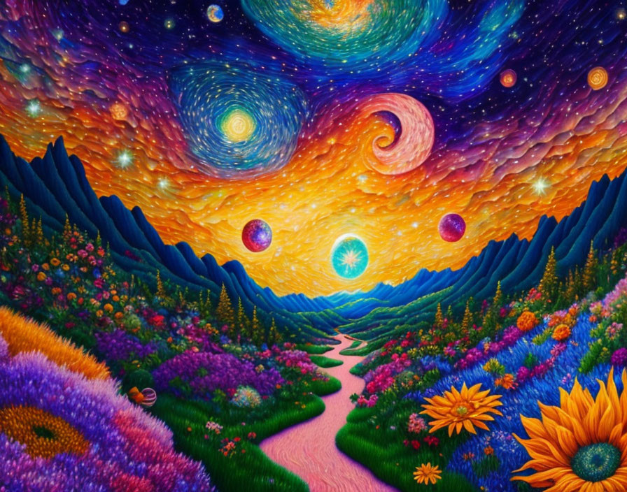 Colorful painting of whimsical landscape with flower-lined path and starry sky.