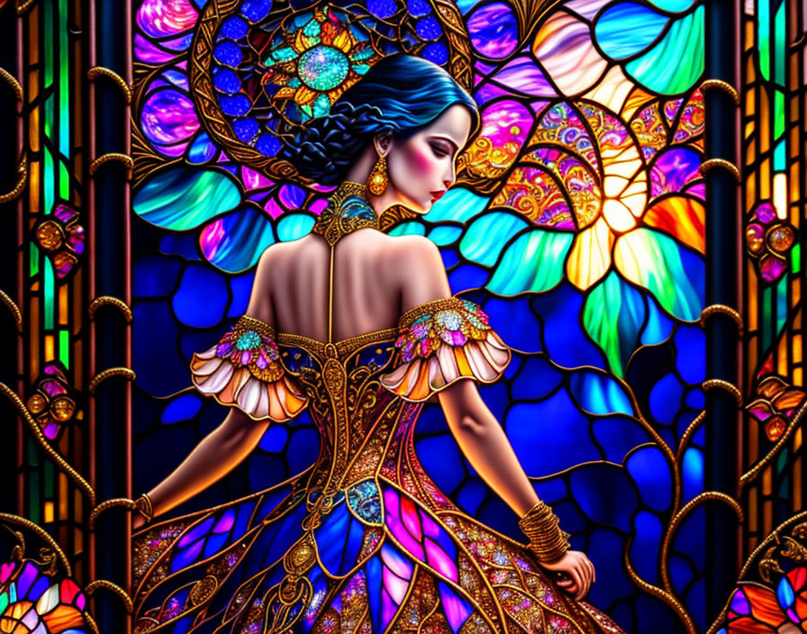 Blue-haired woman in ornate dress against butterfly stained glass background