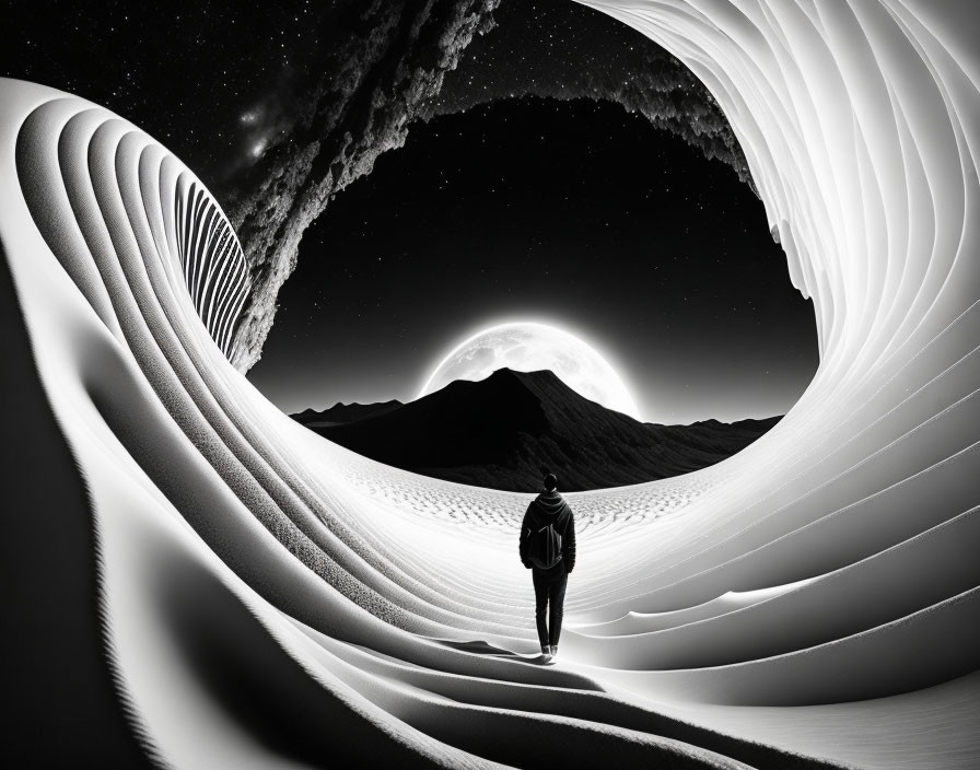 Person walking in surreal swirl landscape with sand dunes, starry sky, and rising moon.