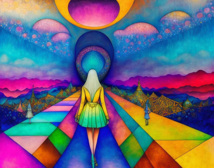 Colorful surreal artwork: person on vibrant path to tunnel portal