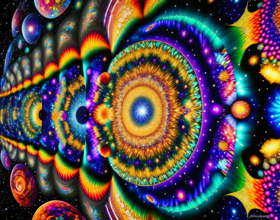 Abstract Cosmic Patterns with Central Spiral and Radiating Orbs