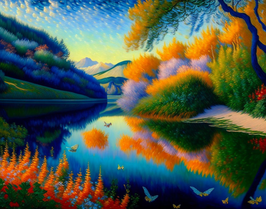 Autumn landscape painting with river, butterflies, mountains, and blue sky