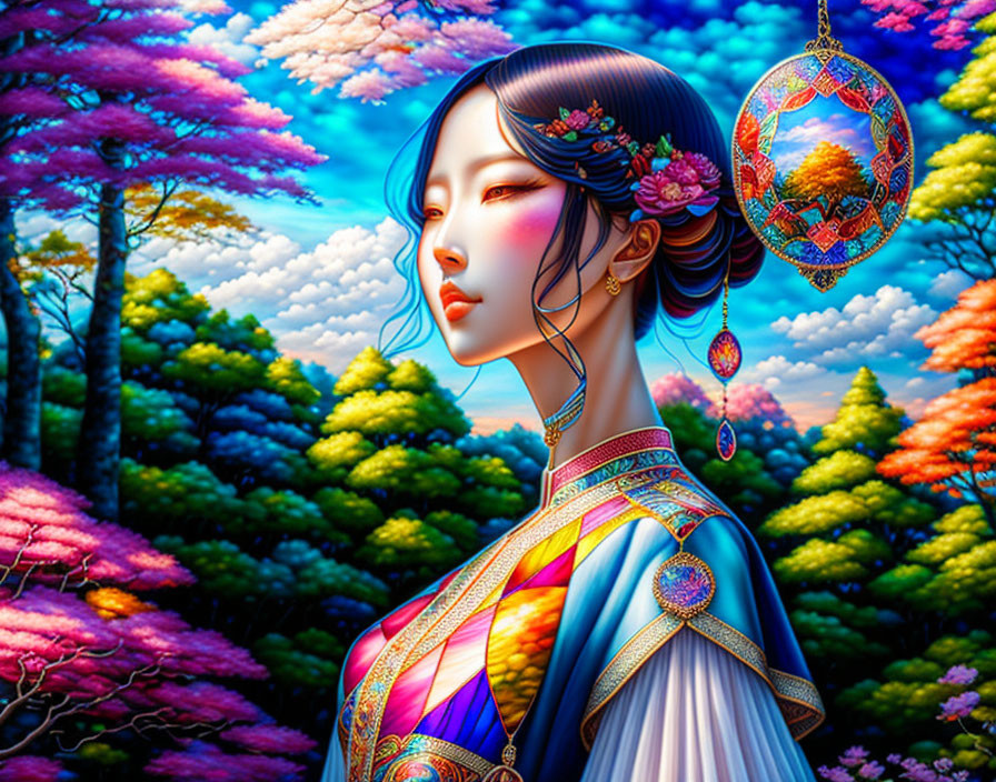 Illustrated woman in vibrant traditional outfit against fantasy forest backdrop