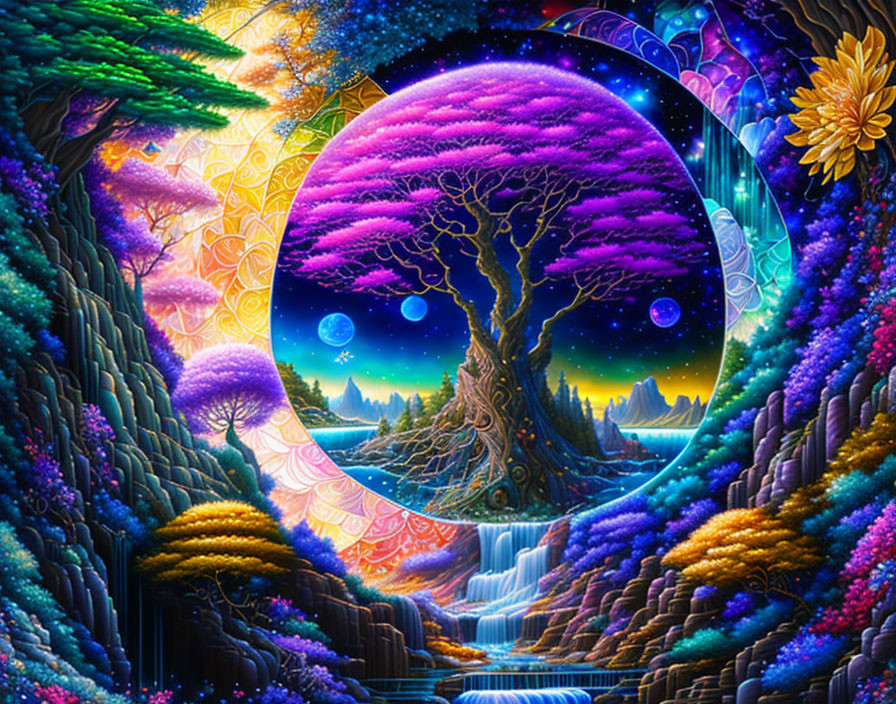 Colorful Fantasy Landscape with Purple Tree, Waterfalls, and Night Sky