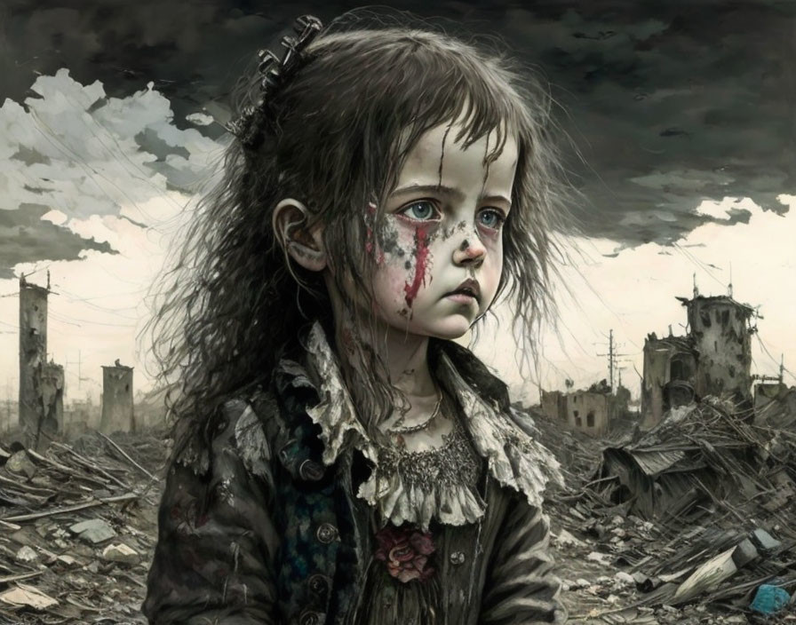 Young girl with tear-streaked face in war-torn landscape