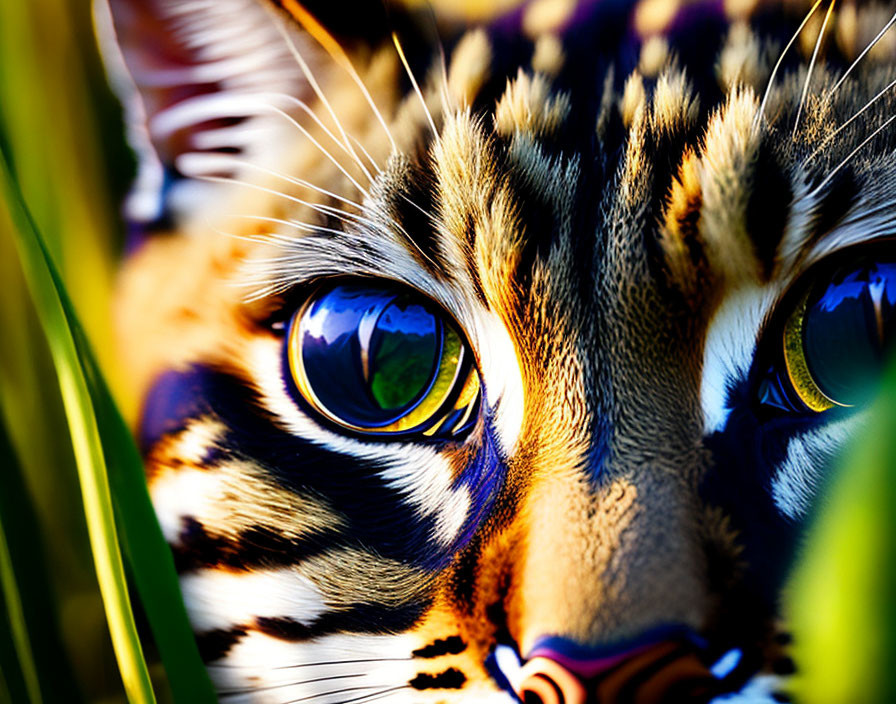 Detailed Cat Face with Green Eyes Peering Through Grass