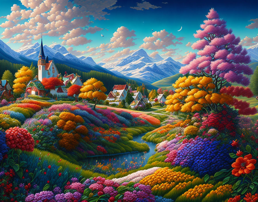 Colorful Floral Landscape with Village, Mountains, and Crescent Moon