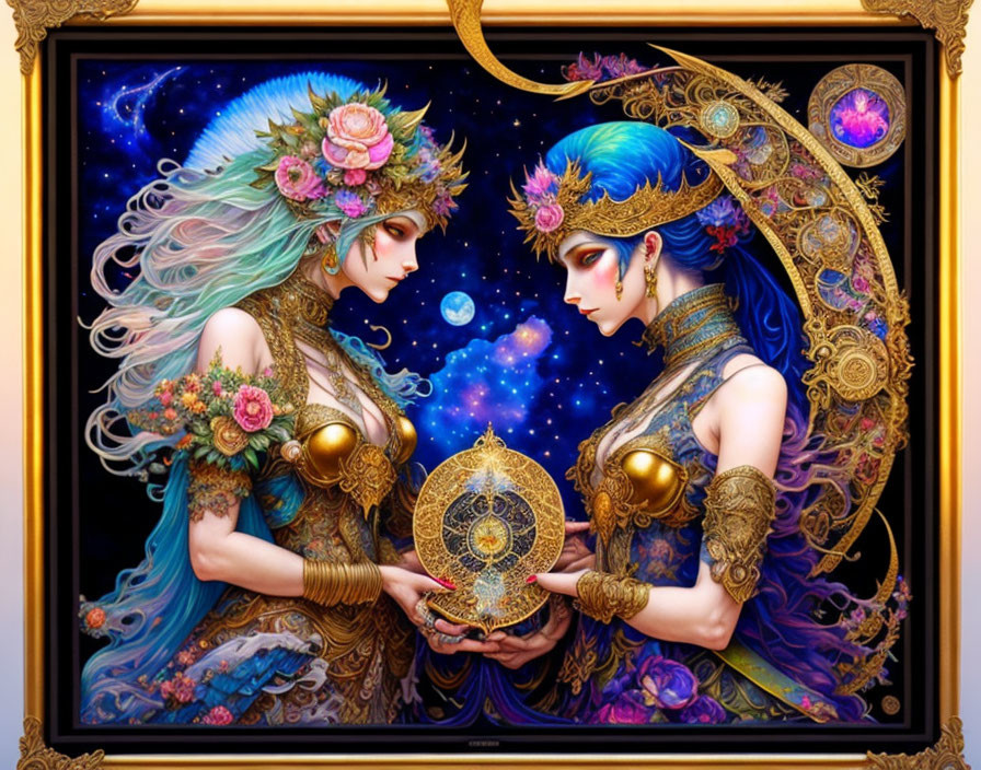 Fantasy figures with elaborate headgear holding a mystical orb in golden frame