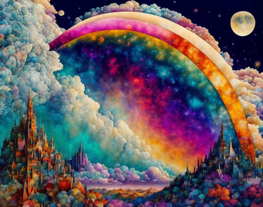 Colorful Fantasy Landscape with Rainbow, Castles, and Moon