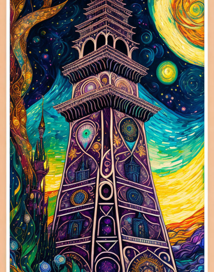 Colorful painting of stylized tower under swirling starry sky