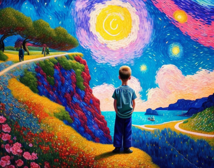 Child in vibrant, whimsical landscape with swirling skies