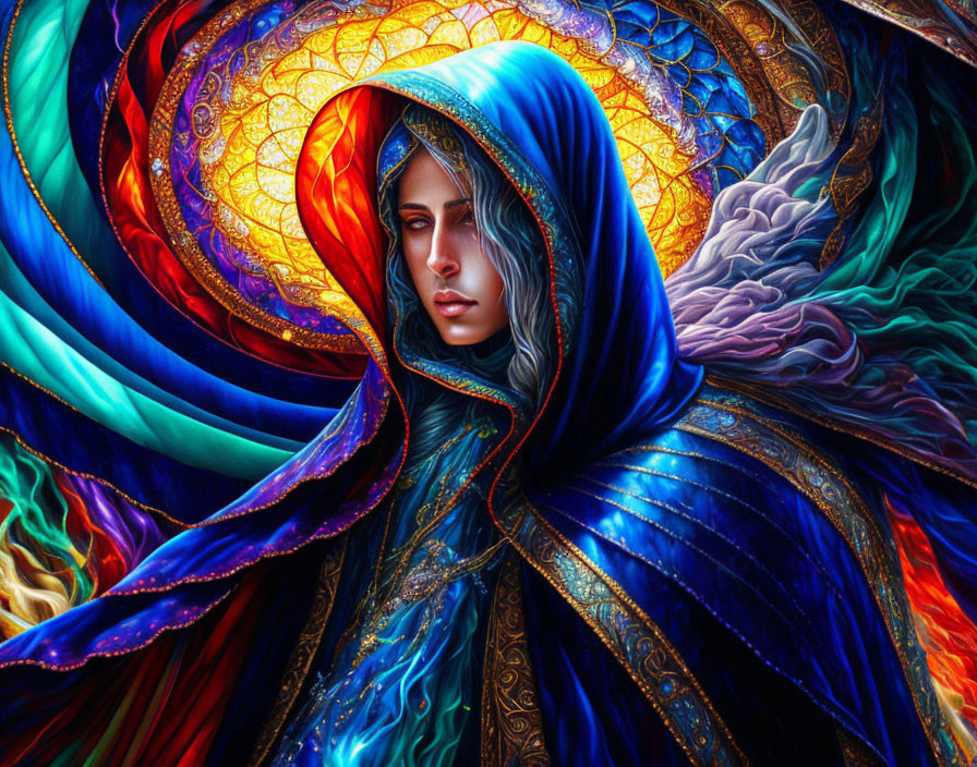 Vivid Digital Artwork: Blue-skinned Figure in Colorful Cloak