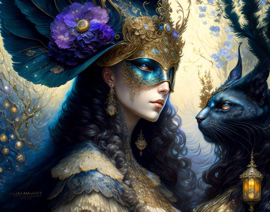 Woman in masquerade mask with feathered headdress posing with black cat under moonlit floral backdrop