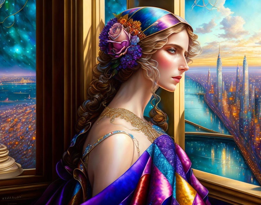 Digital art: Woman with flowing hair, flower, and jewels, looking at futuristic cityscape at golden