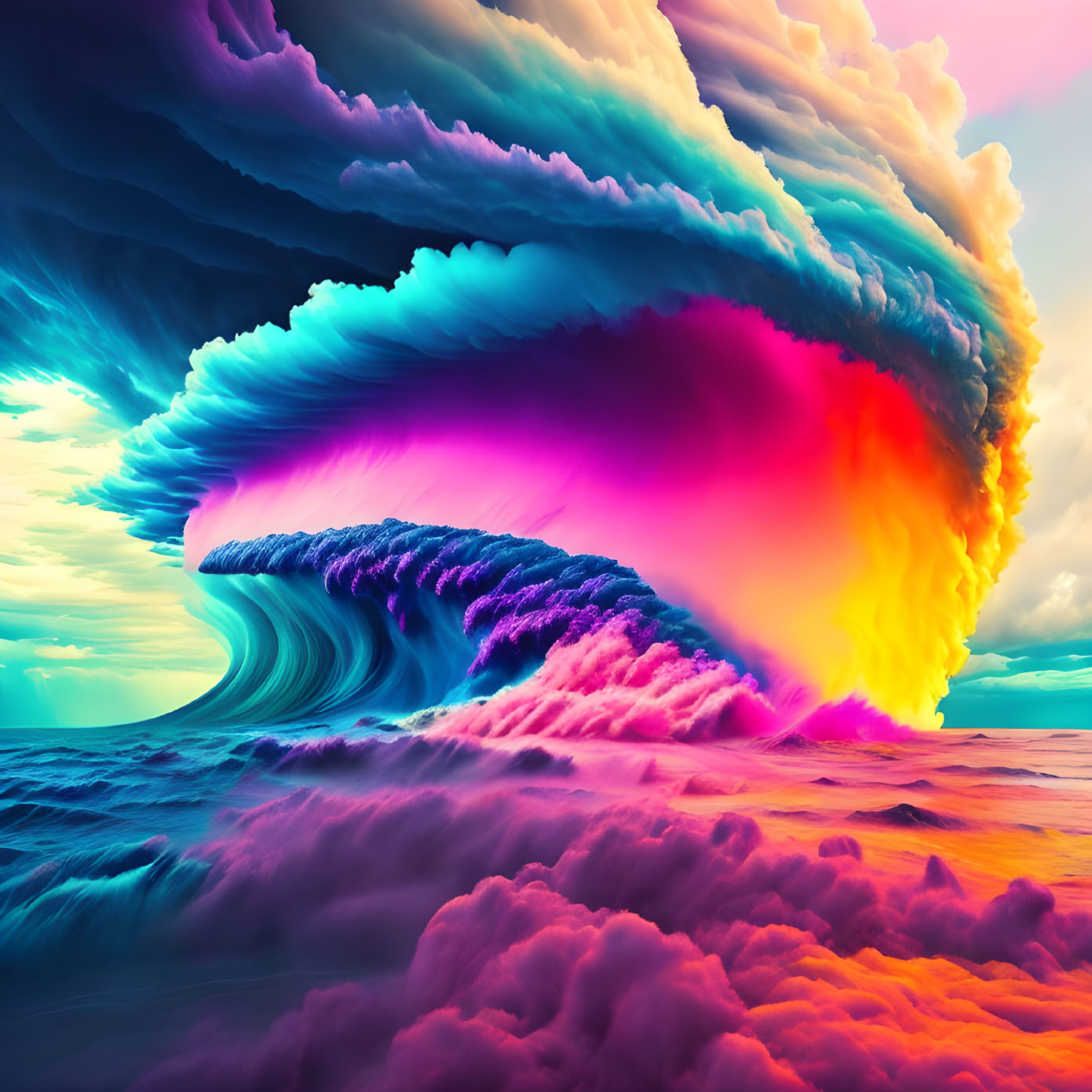 Surreal digital artwork: Vibrant neon wave blending into dreamlike sky