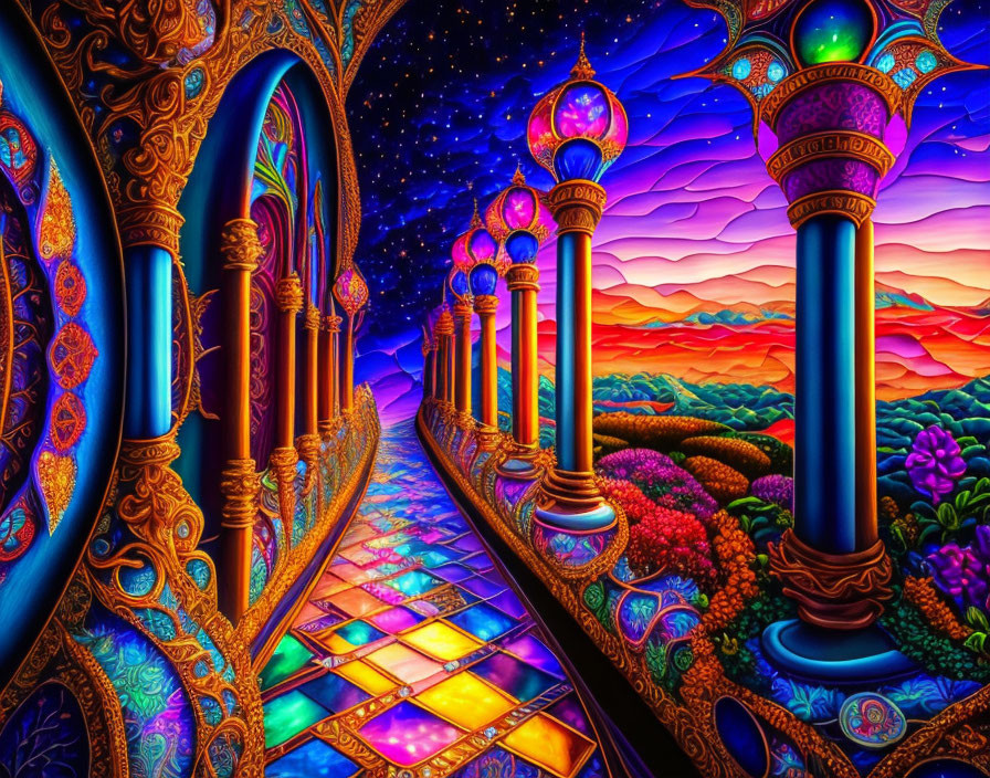 Fantasy corridor digital artwork with ornate pillars and magical landscape